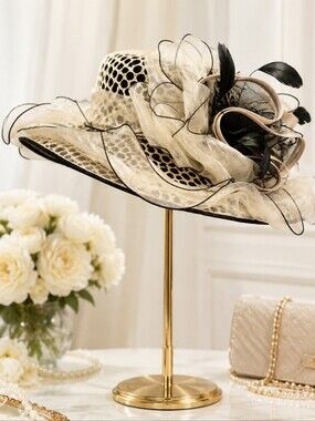 Designed by EE Ivory & Black Wide Brim Church Kentucky Derby Fascinator Hat OS